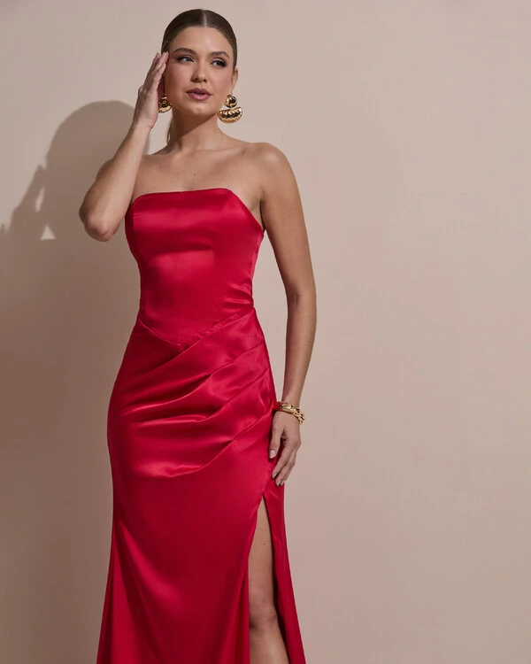 Vestido De Festa Longo Tomara Que Caia Drapeado Cetim Alfaiataria Trançado Costas Vermelho