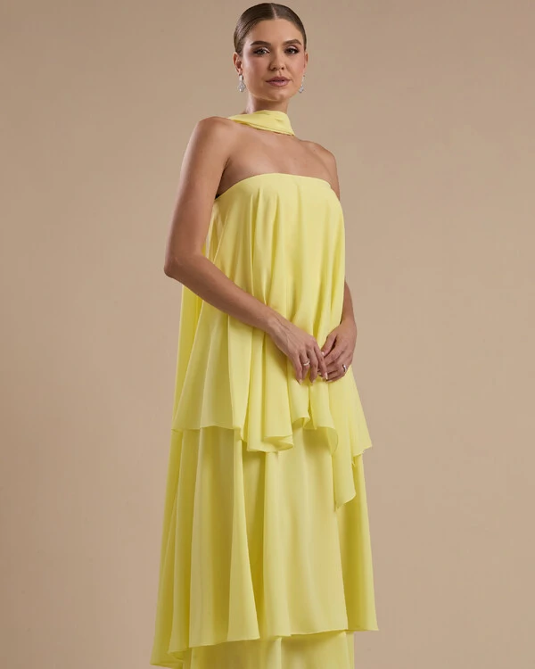 Vestido de Festa Longo Chiffon Crepe em Camadas com Lenço Amarelo Manteiga