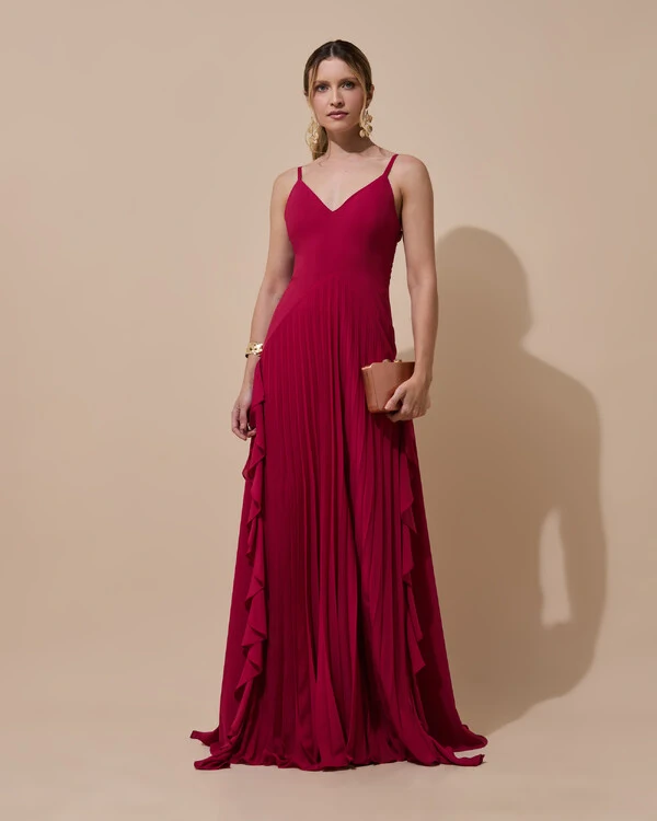 Vestido de Festa Longo Crepe Chiffon Alça Fina Saia Plissada com Babado Cascata Cereja