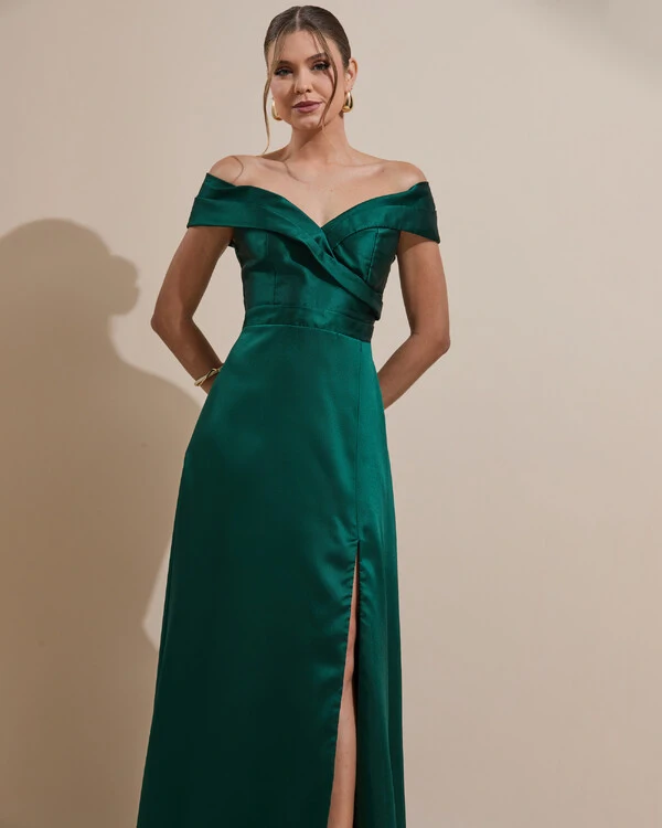 Vestido de Festa Longo Zibeline Ombro a Ombro com Fenda Verde Escuro