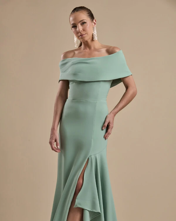 Vestido de Festa Longo Alfaiataria Ombro a Ombro com Babado Cascata Verde Menta