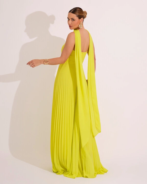 Vestido de Festa Longo Tomara que Caia Plissado com Lenço Verde Lima