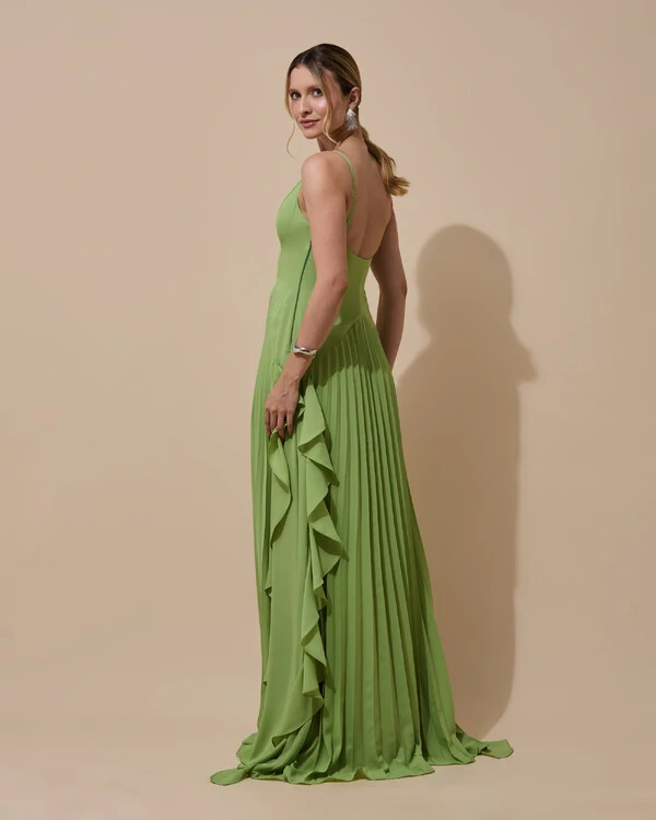Vestido de Festa Longo Crepe Chiffon Alça Fina Saia Plissada com Babado Cascata Verde Garden