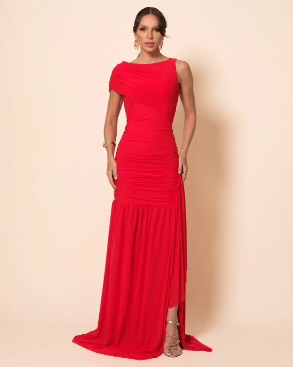 Vestido de Festa Longo Tule Faixa Detalhe Drapeado Vermelho