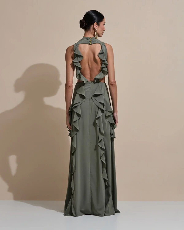 Vestido de Festa Longo Gola Alta Crepe Chiffon Recortes Babados Cascata Verde Oliva
