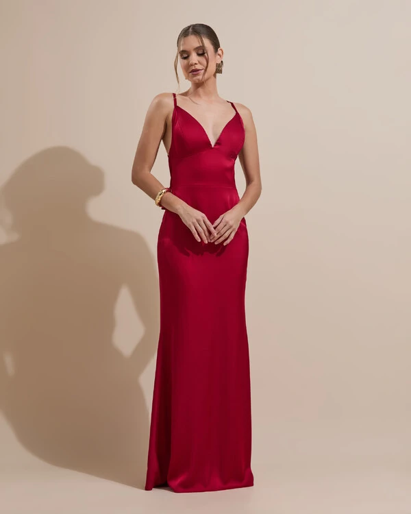Vestido de Festa Longo Costas Abertas Laço Cetim Decote V Marsala