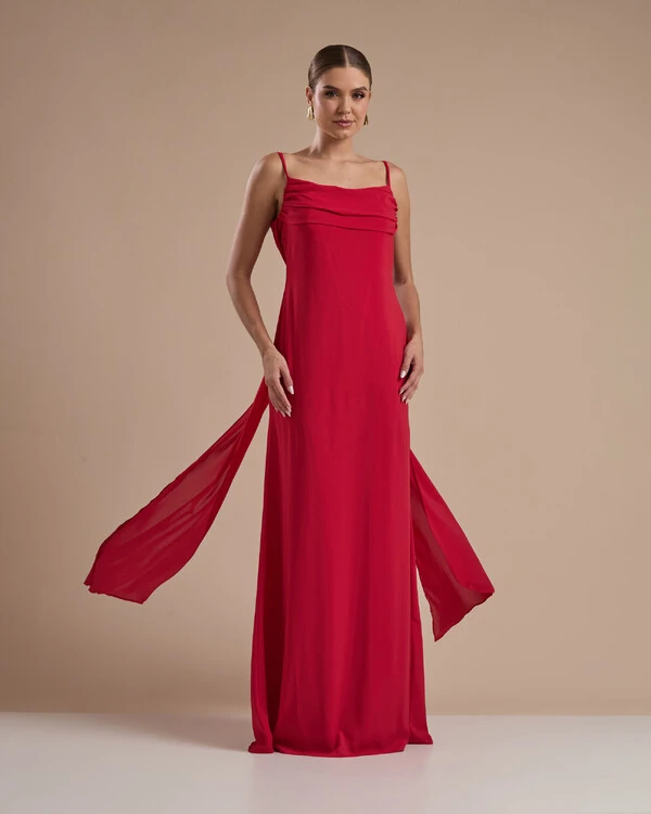 Vestido de Festa Longo Crepe Chiffon Costas Lenço Cauda Vermelho