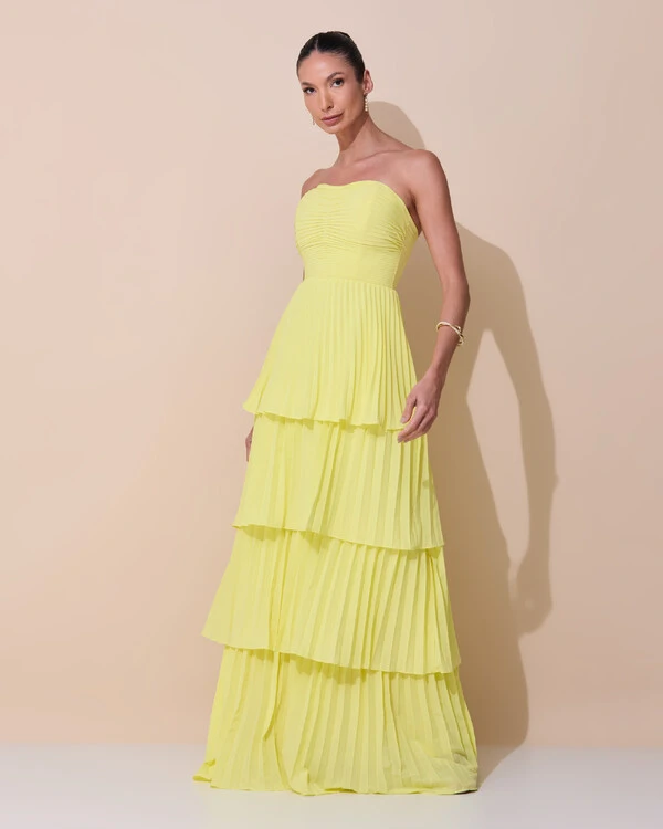 Vestido de Festa Longo Tomara que Caia Crepe Chiffon Plissado Camadas Amarelo Manteiga