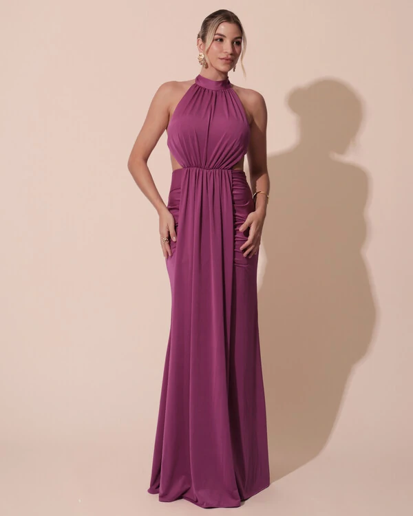 Vestido de Festa Longo Malha Jersey Gola Alta Saia Sereia Fúcsia