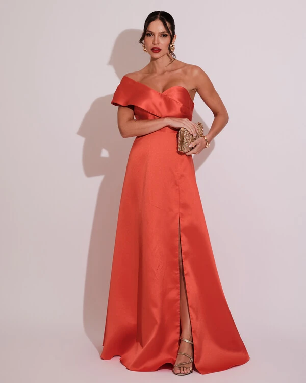 Vestido de Festa longo Faixa Ombro e Fenda Zibeline Laranja