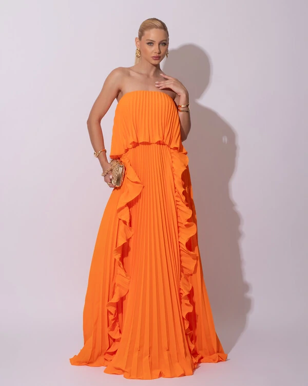 Vestido de Festa Longo Crepe Chiffon Tomara que Caia Plissado com Babado Cascata Laranja