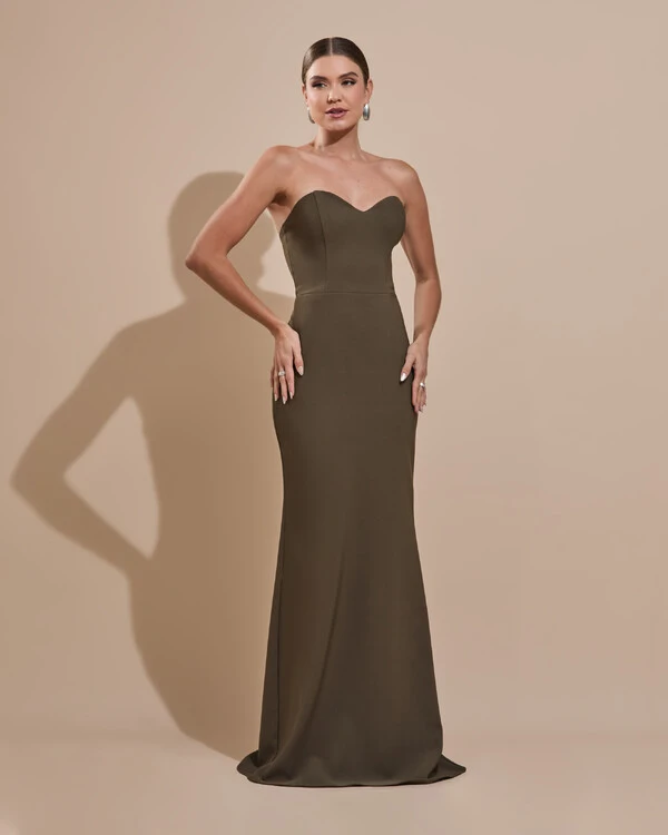 Vestido de Festa Longo Alfaiataria Tomara que Caia Saia Sereia com Lenço Verde Oliva