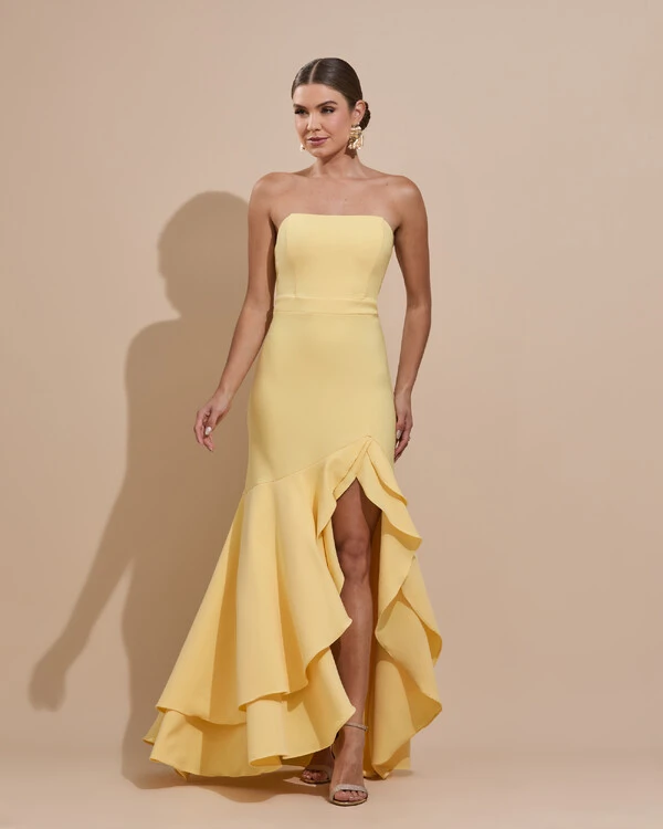 Vestido Longo com Fenda de Babados Alfaiataria Amarelo Manteiga