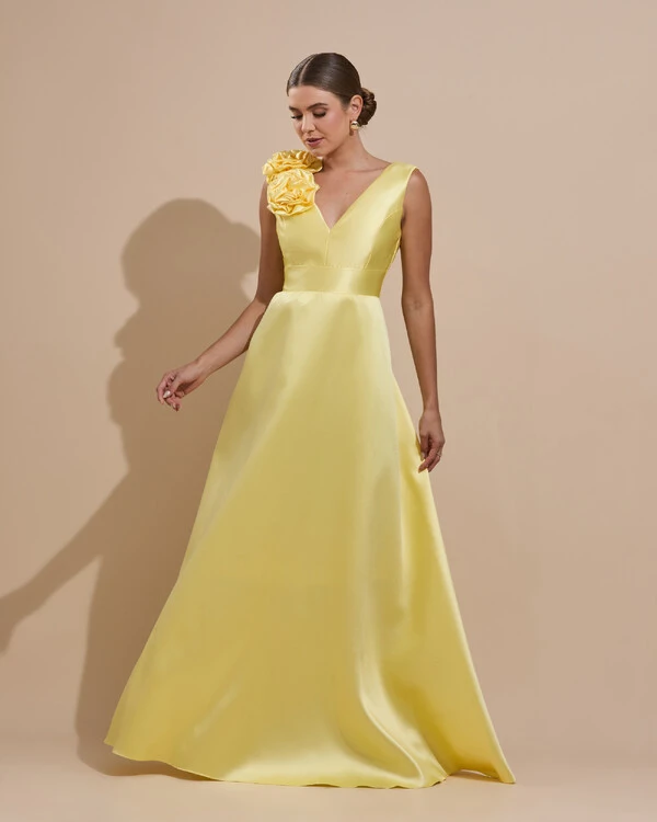 Vestido de Festa longo Zibeline Decote em V com Flores Removivel Amarelo Manteiga
