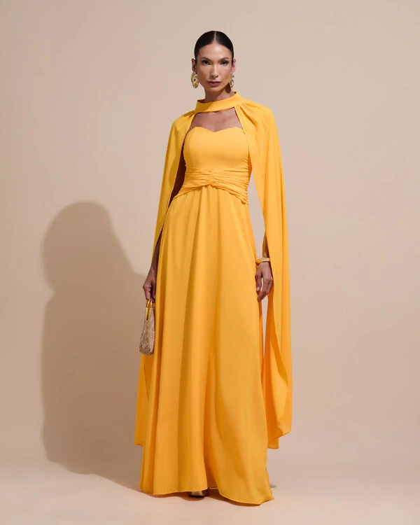 Vestido de Festa Longo Tomara Que Caia Crepe Chiffon Drapeado Capa Laranja Manga New