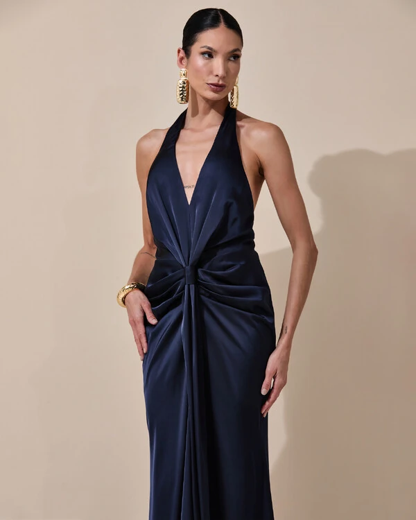 Vestido de Festa Longo Frente Única Decote V Cetim Drapeado Faixa Azul Marinho