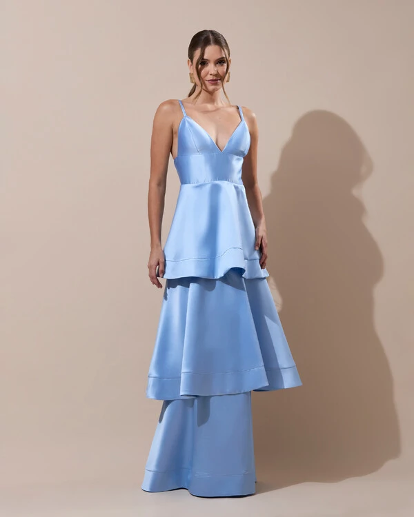 Vestido de Festa Longo Zibeline em Camadas Decote em V com Alças Serenity New