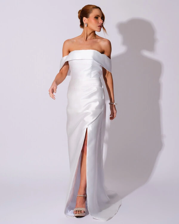 Vestido de Festa Longo Zibeline Ombro a Ombro Drapeado e Fenda Branco