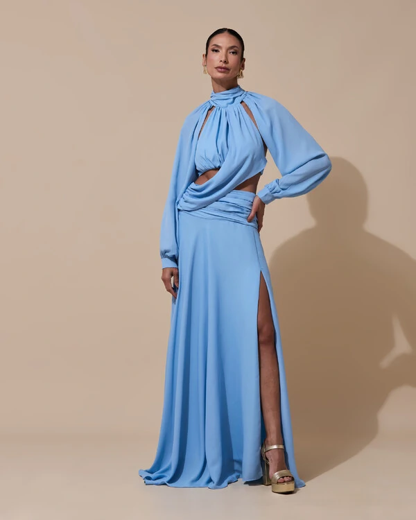 Vestido de Festa Longo Gola Alta Crepe Chiffon Recortes Drapeado Manga Longa Fenda Serenity