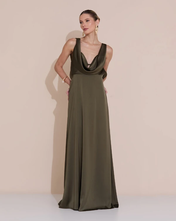 Vestido de Festa Longo Cetim Fluido Degagê Verde Oliva