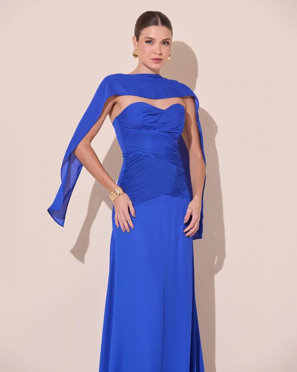 Vestido de Festa Longo Decote Coração Crepe Chiffon Drapeado Plissado Lenço Azul Royal