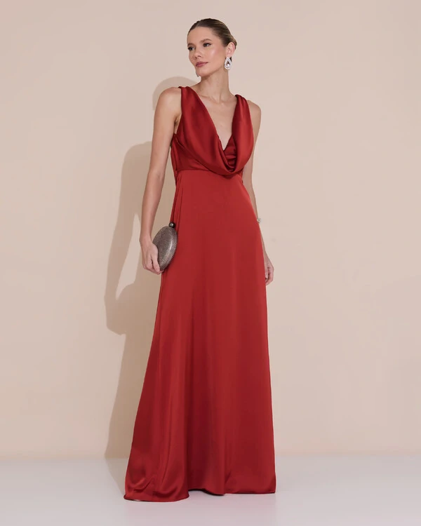 Vestido de Festa Longo Cetim Fluido Degagê Terracota