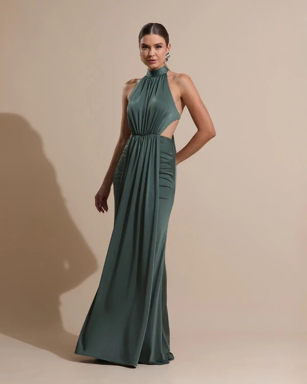 Vestido de Festa Longo Malha Jersey Gola Alta Saia Sereia Verde Oliva