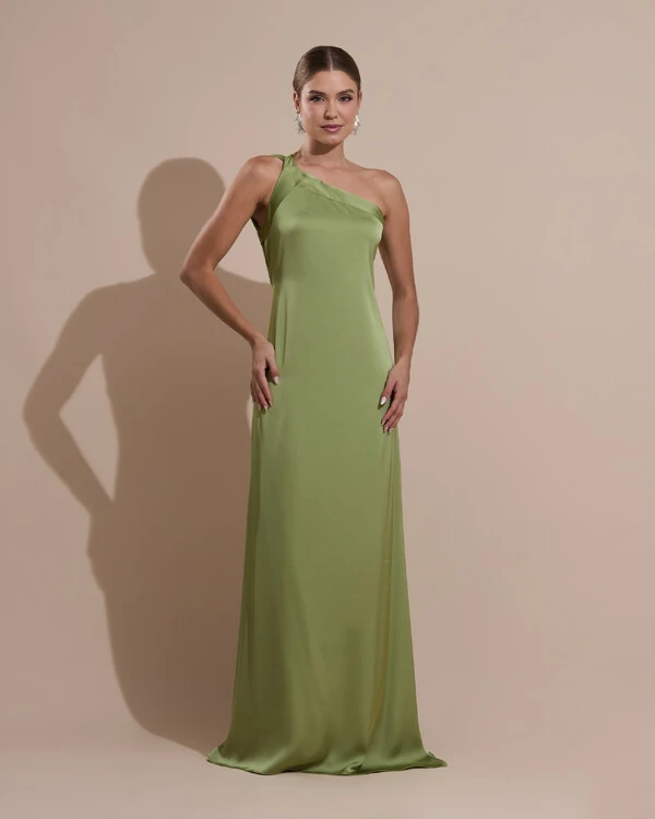 Vestido de Festa Longo Cetim Fluido Um Ombro Só Amarração Costas Verde Pistache