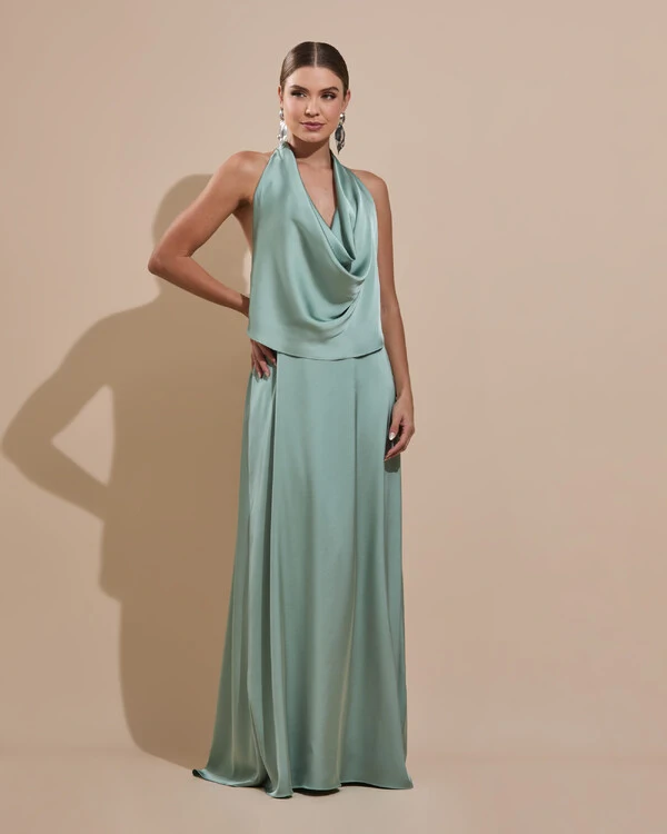 Vestido de Festa Longo Cetim Fluido Frente Única Degagê Mil Formas Verde Menta