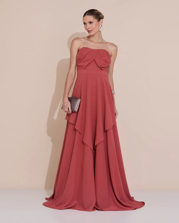 Vestido de Festa Longo Tomara que Caia Crepe Chiffon Drapeado Camadas Terracota