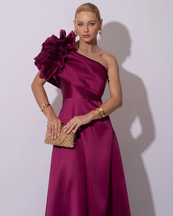 Vestido de Festa Longo Zibeline um Ombro Só Flor Drapeado Fúcsia