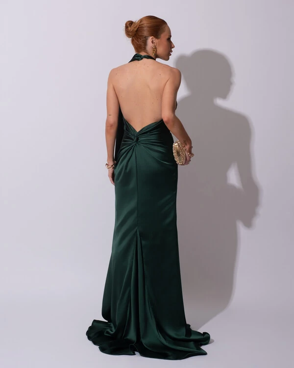 Vestido de Festa Longo em Cetim Alfaiataria com Elastano Frente Única Verde Escuro