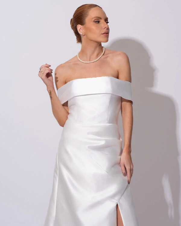 Vestido de Festa Longo Zibeline Ombro a Ombro Drapeado e Fenda Branco