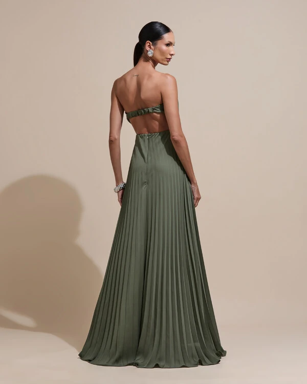 Vestido de Festa Longo Tomara que Caia Plissado Detalhe Verde Oliva