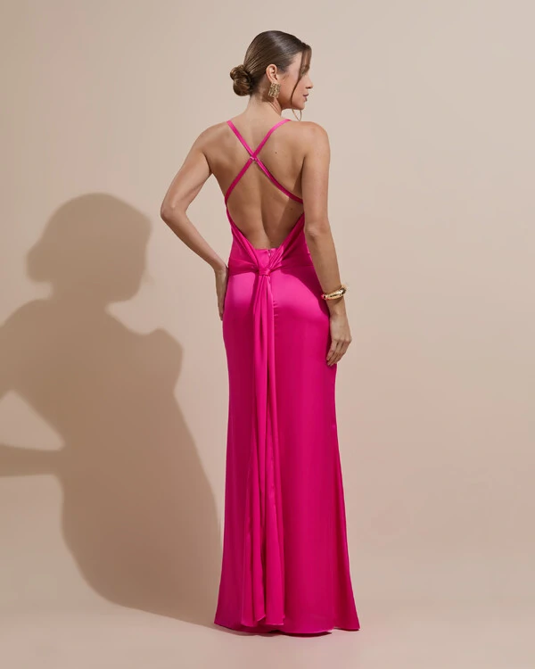 Vestido de Festa Longo Costas Abertas Laço Cetim Decote V Pink