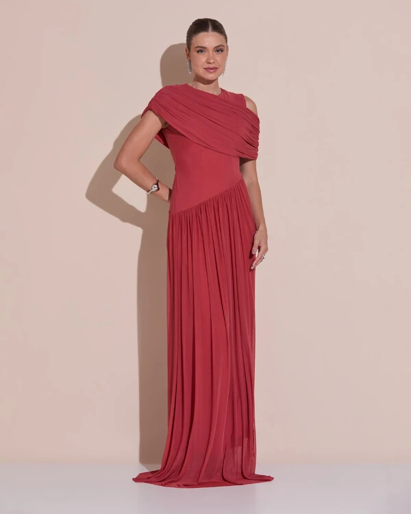 Vestido de Festa Longo Capa Drapeado Tule Saia Fluida Terracota