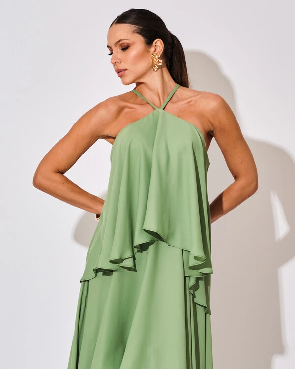Vestido Longo Babado em Camadas Verde Claro