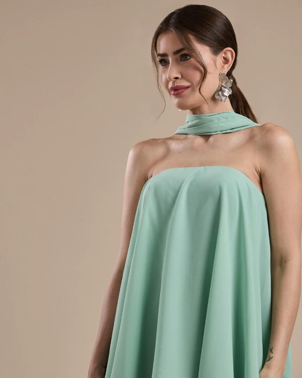 Vestido de Festa Longo Chiffon Crepe em Camadas com Lenço Verde Menta