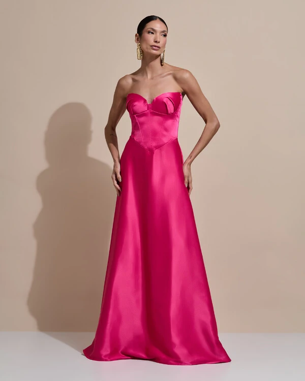 Vestido de Festa Longo Tomara que Caia Decote Coração Cetim Cruzado Costas Pink