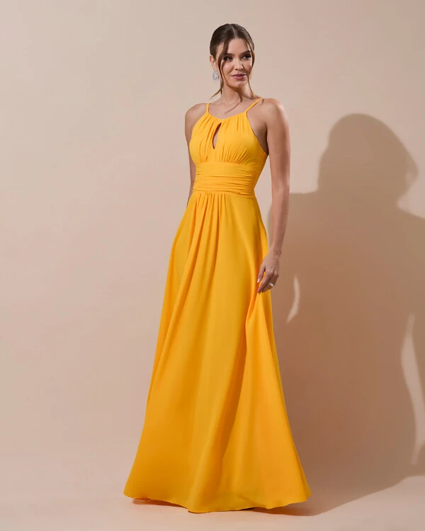 Vestido de Festa Longo Crepe Chiffon Drapeado com Alças e Saia Fluida Laranja Manga New