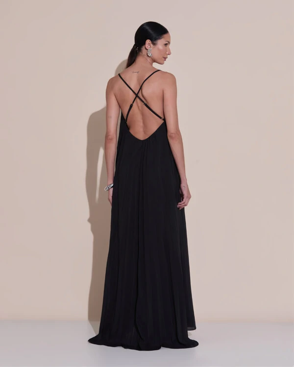 Vestido de Festa Longo Plissado Crepe Chiffon Decote V Alças Finas Preto