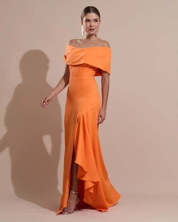 Vestido de Festa Longo Alfaiataria Ombro a Ombro com Babado Cascata Laranja