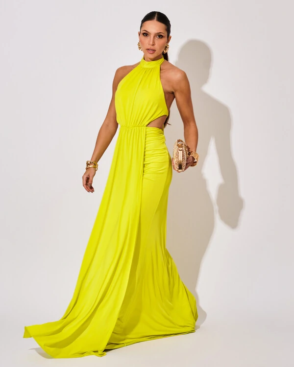 Vestido de Festa Longo Malha Jersey Gola Alta Saia Sereia Verde Lima