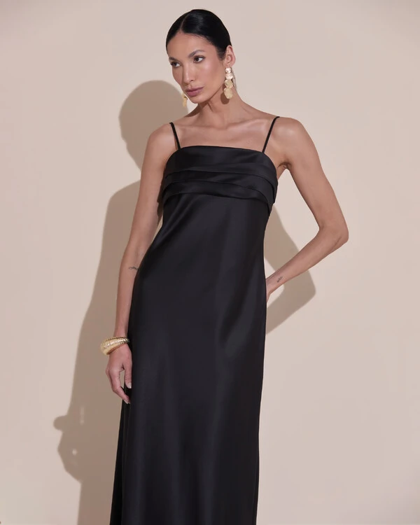 Vestido de Festa Midi Drapeado Cetim Preto