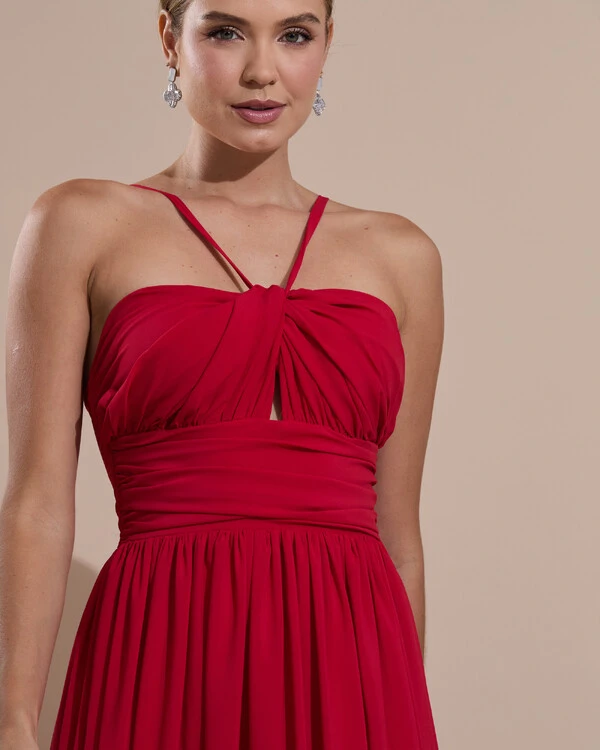 Vestido de Festa Longo Crepe Chiffon Drapeado com Alças Finas Vermelho