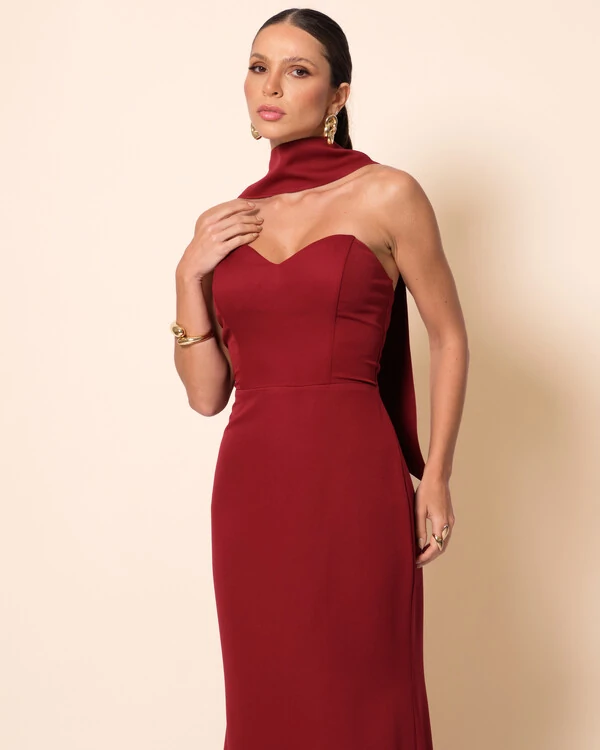 Vestido de Festa Longo Alfaiataria Tomara que Caia Saia Sereia com Lenço Marsala