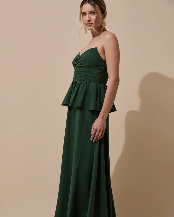 Vestido de Festa Longo Crepe Chiffon Tomara que Caia Peplum Drapeado Verde Militar