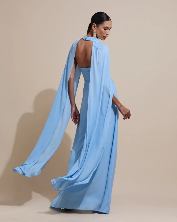 Vestido de Festa Longo Tomara Que Caia Crepe Chiffon Drapeado Capa Serenity