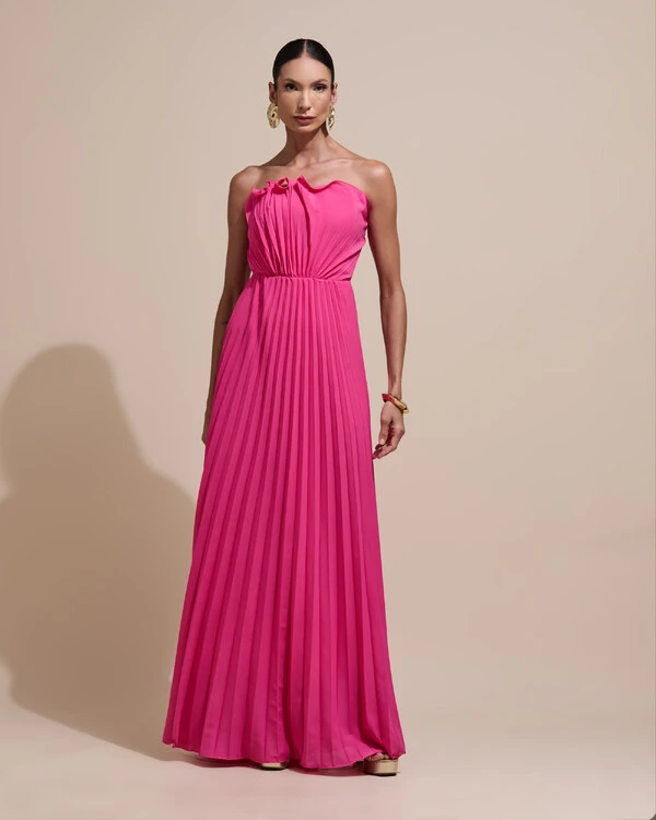 Vestido de Festa Longo Tomara que Caia Plissado Detalhe Pink New