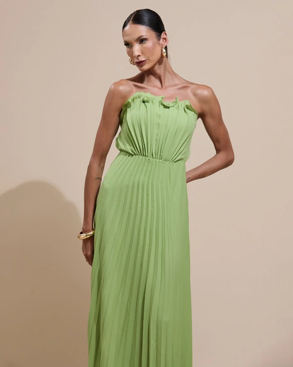 Vestido de Festa Longo Tomara que Caia Plissado Detalhe Verde Garden
